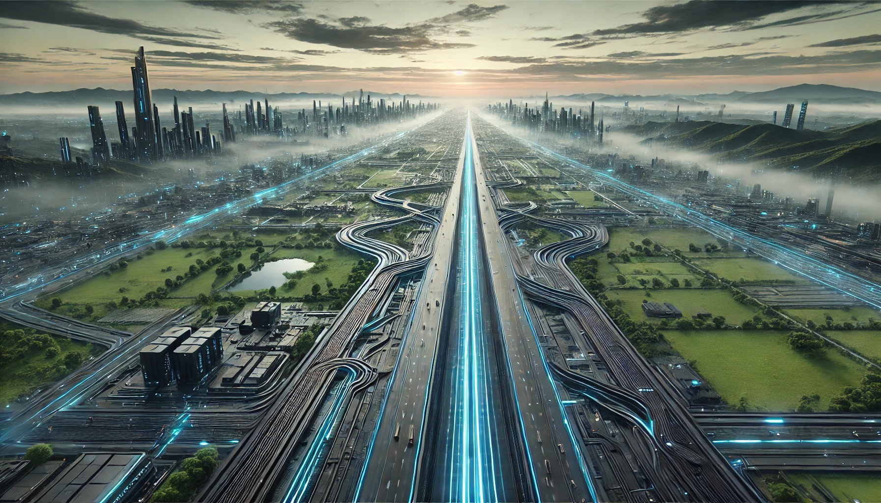 DALL·E 2024-11-27 12.37.32 - A high-resolution 4K image of a futuristic highway resembling a very wide road with an anthracite color palette, set within a mix of urban and natural.jpg